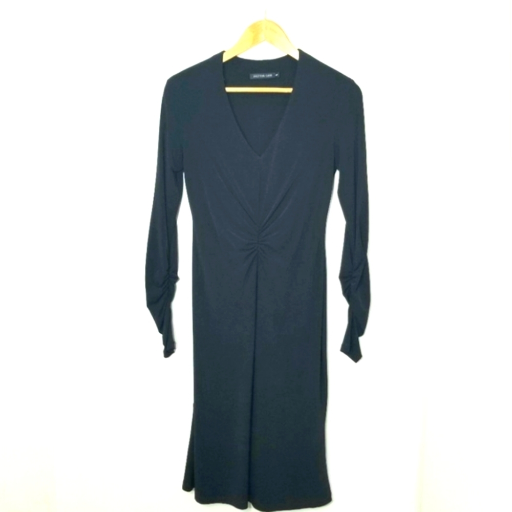Joeffer Caoc Stunning Classic Black Gathered Midi Dress V-Neck Size Small